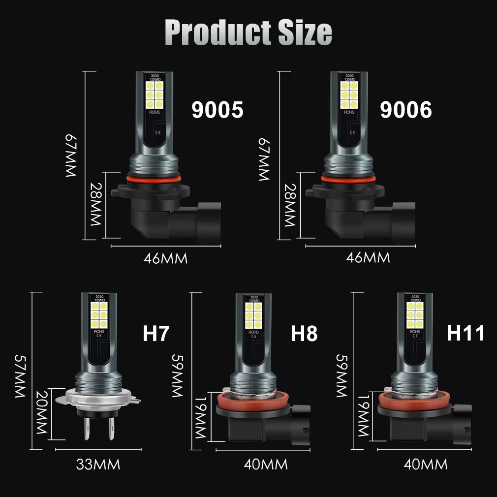 2-Pack H8 H11 H16 JP 9005 HB3 9006 HB4 LED Bulbs - Super Bright 12V 6000K White Car Fog Lights and Daytime Running Lights